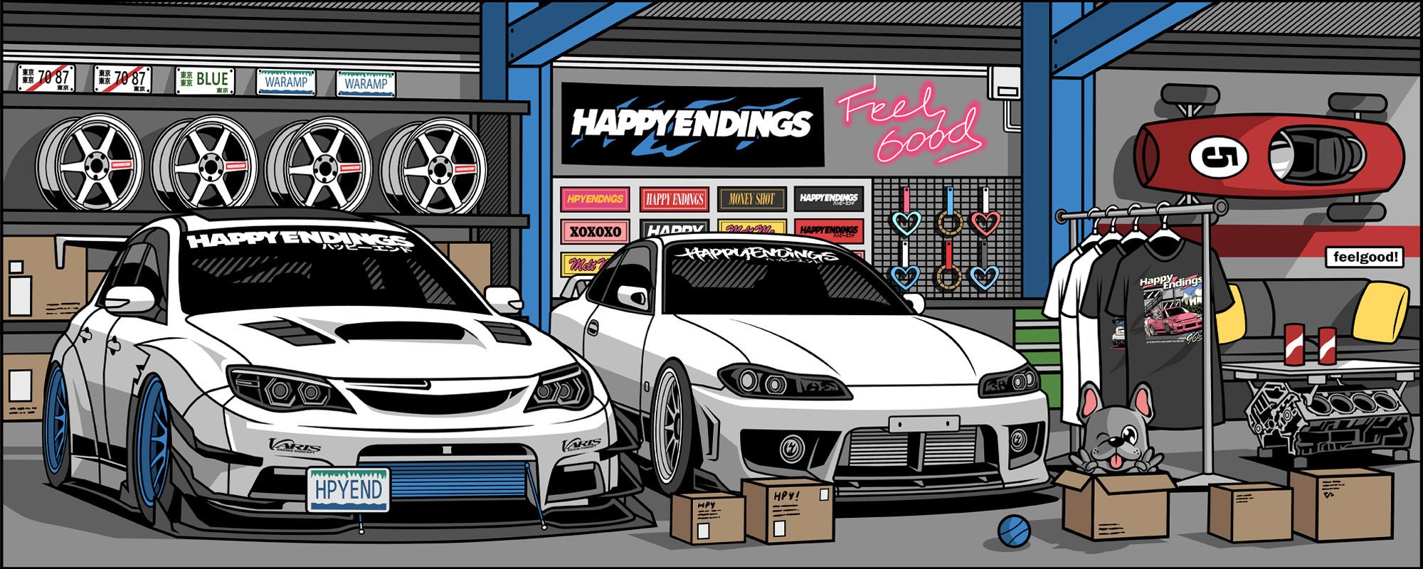 Cartoon drawing of 2 white cars in the Happy Endings garage.