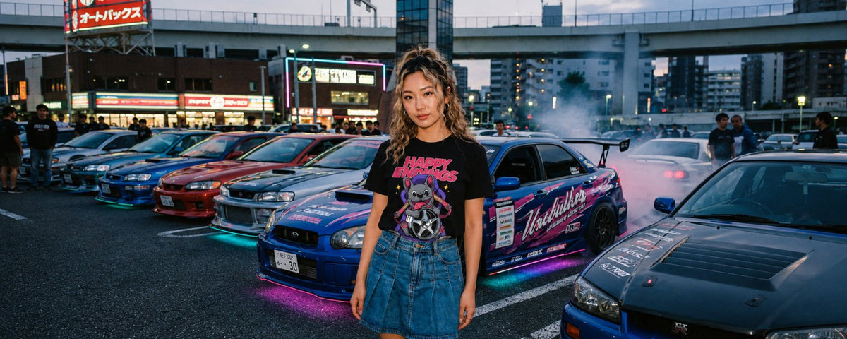 Girl wearing Happy Endings t-shirt with cars in background.