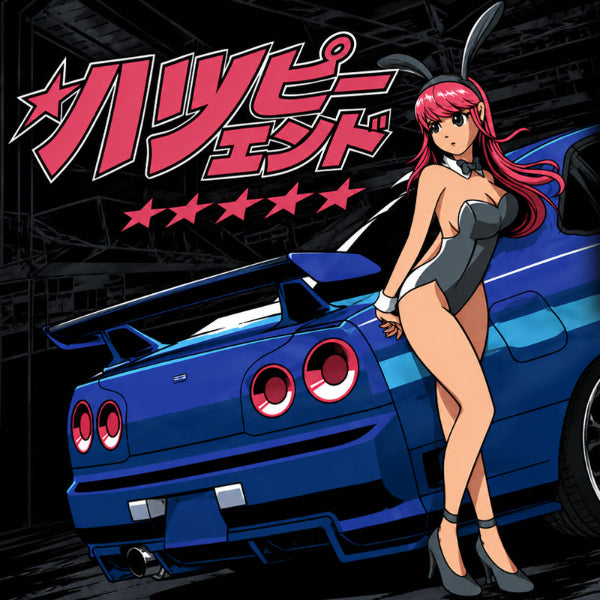 Bunny Girl in front of blue R34 Skyline