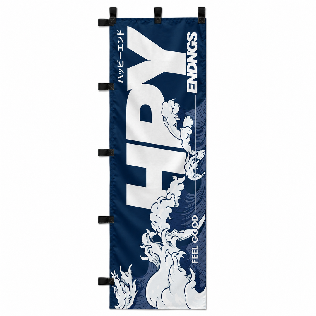 Nobori Japanese Flag with Happy and Big Blue Waves.