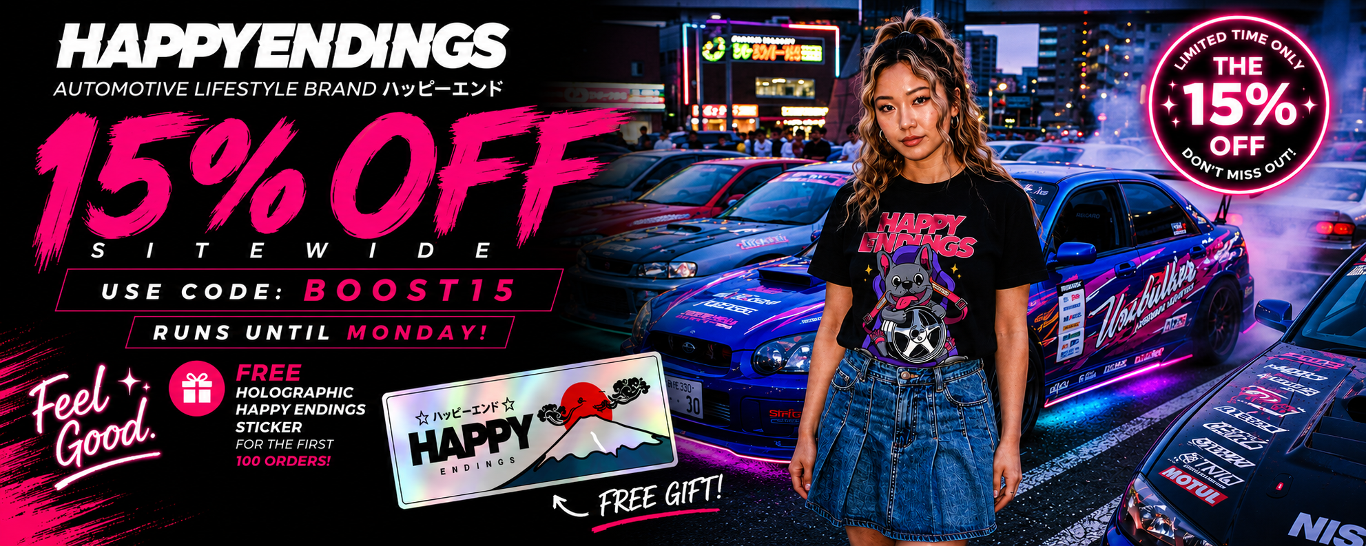 Promotional banner for Happy Endings automotive lifestyle brand with a woman standing in front of cars, offering a 15% discount.