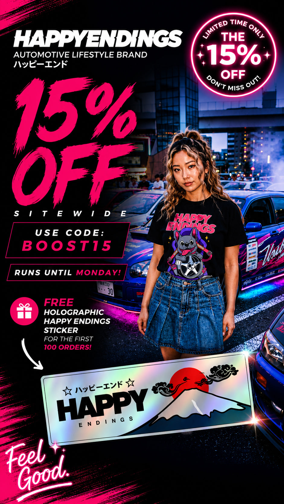 Promotional poster for Happy Endings automotive lifestyle brand with a woman in a branded t-shirt and car in the background.