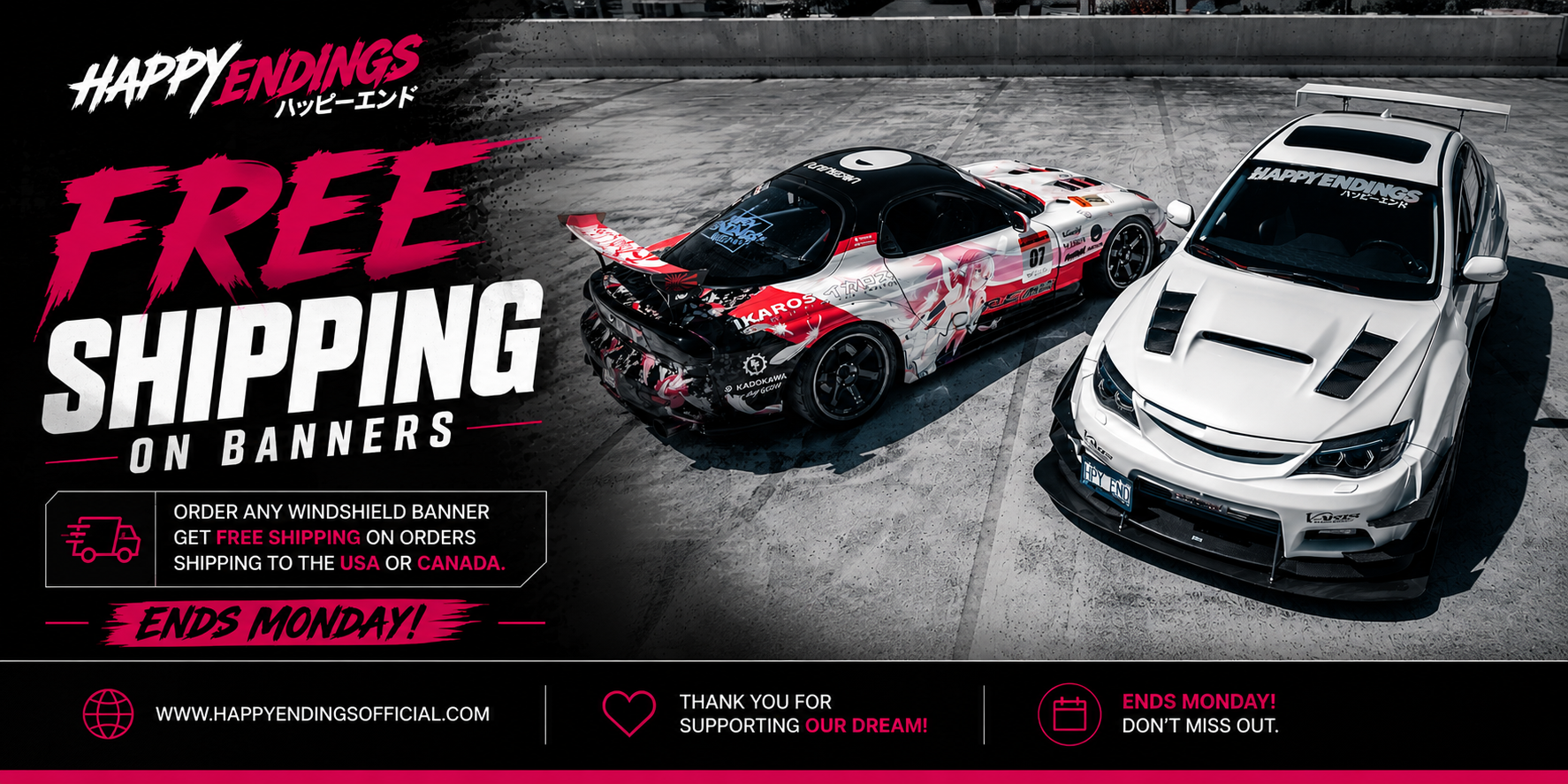 Two racing cars on a track with promotional text for Happy Endings free shipping offer.