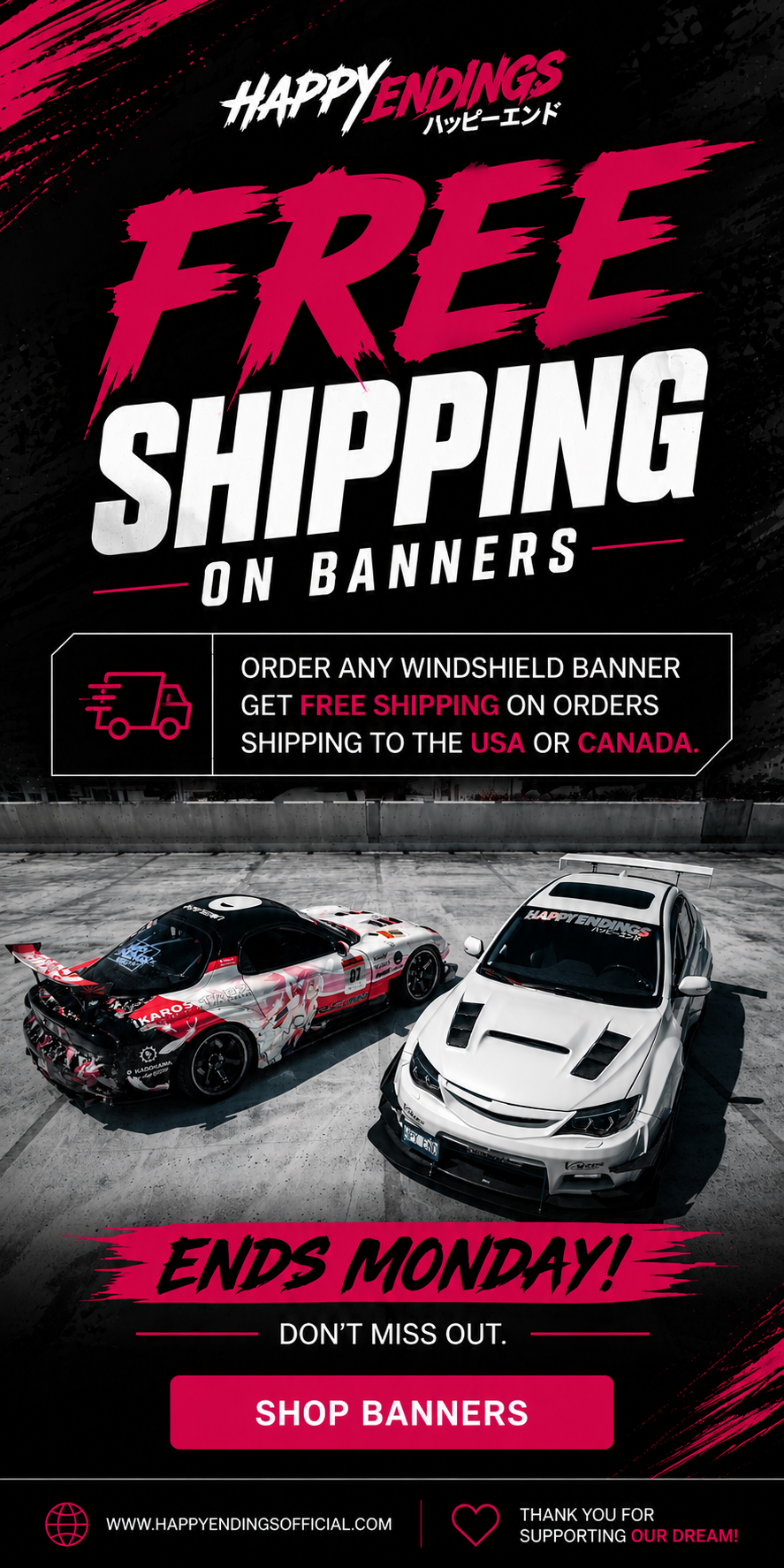 Promotional banner for free shipping on windshields with two cars on a dark background