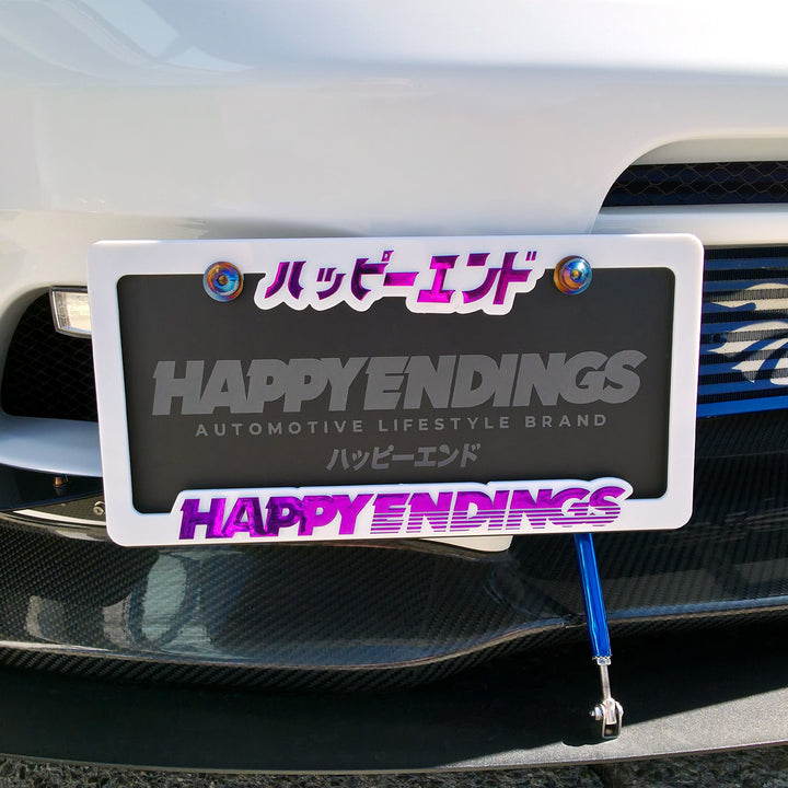 Purple chrome lettering license plate frame with white frame