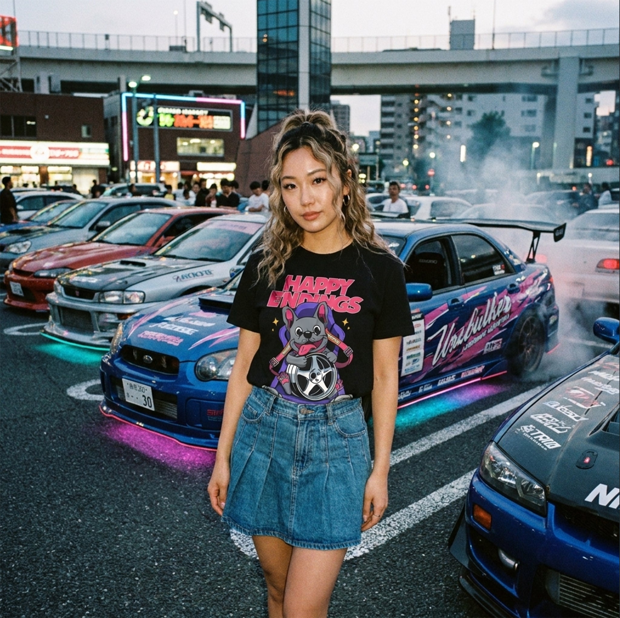 Woman standing in front of a colorful car with a cityscape background