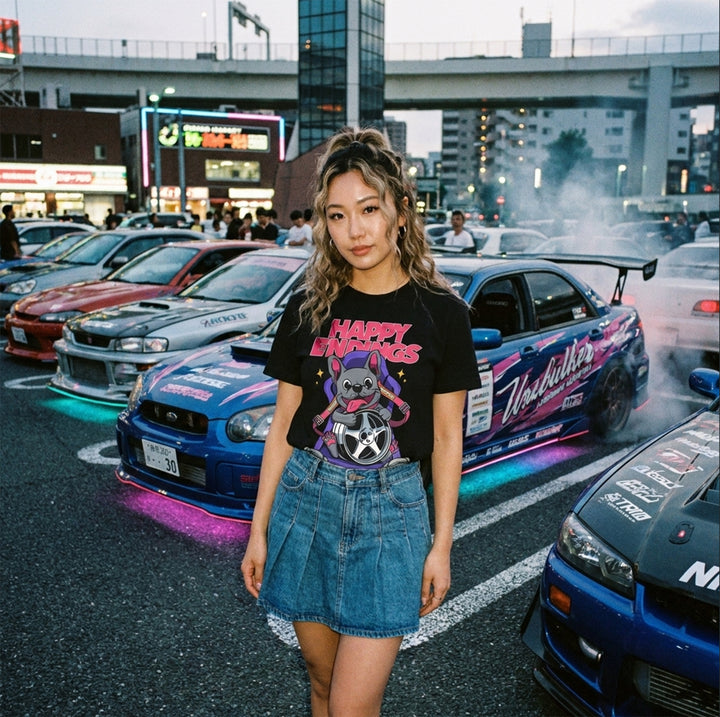Woman standing in front of a colorful car with a cityscape background