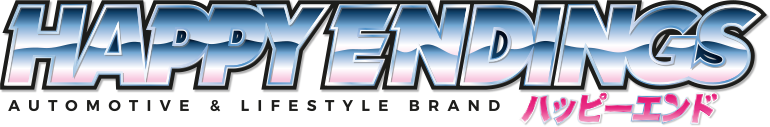 Happy Endings Automotive & Lifestyle Brand logo with pastel sunset colors and Japanese text below..