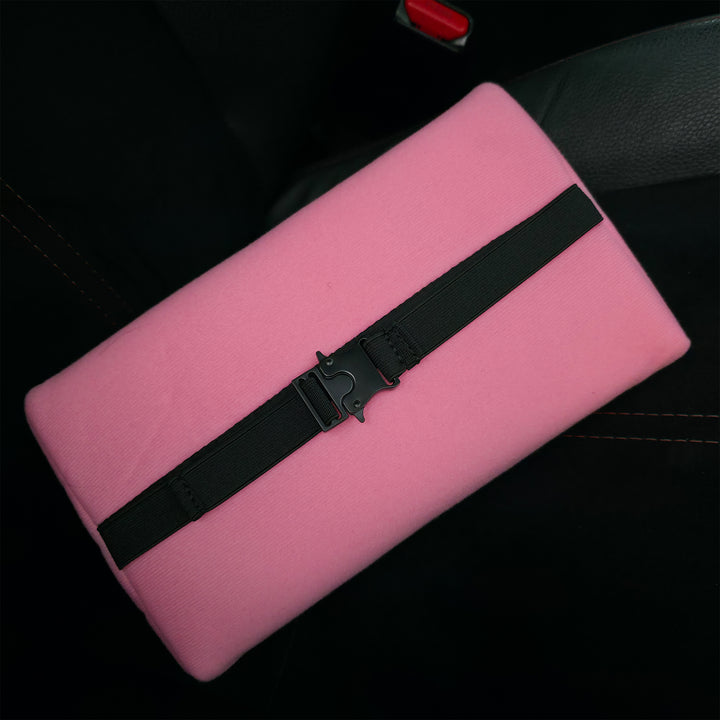Baby Pink neck pillow with 'HAPPY ENDINGS' text in a car interior