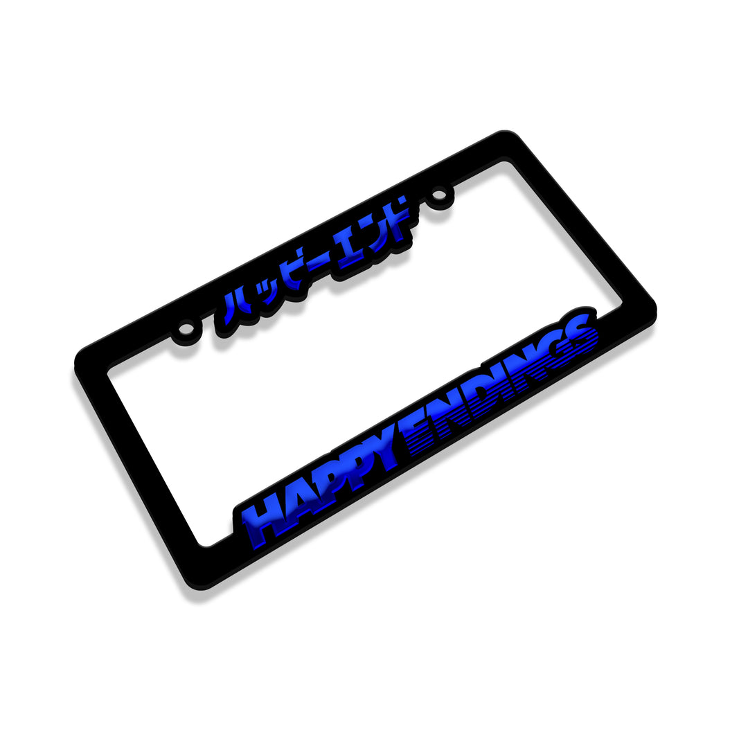 License Plate Frame - Blue Chrome (Black Frame) - Happy Endings - Automotive & Lifestyle Brand