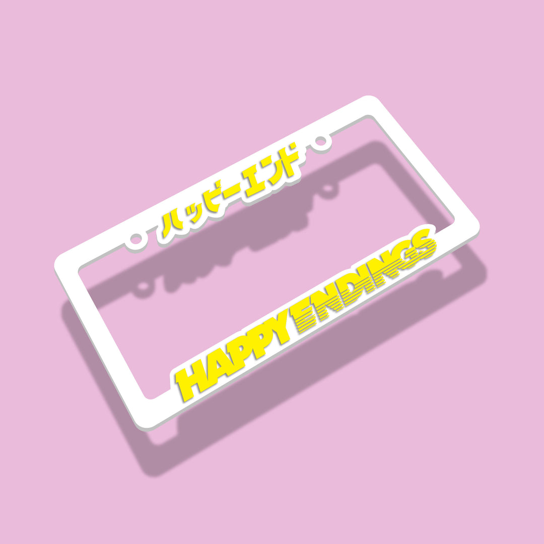 License Plate Frame - Neon Yellow (White Frame) - Happy Endings - Automotive & Lifestyle Brand