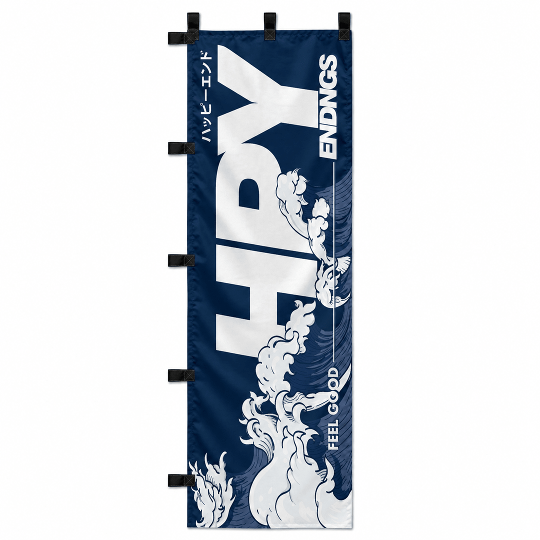 Nobori Japanese Flag with Happy and Big Blue Waves.