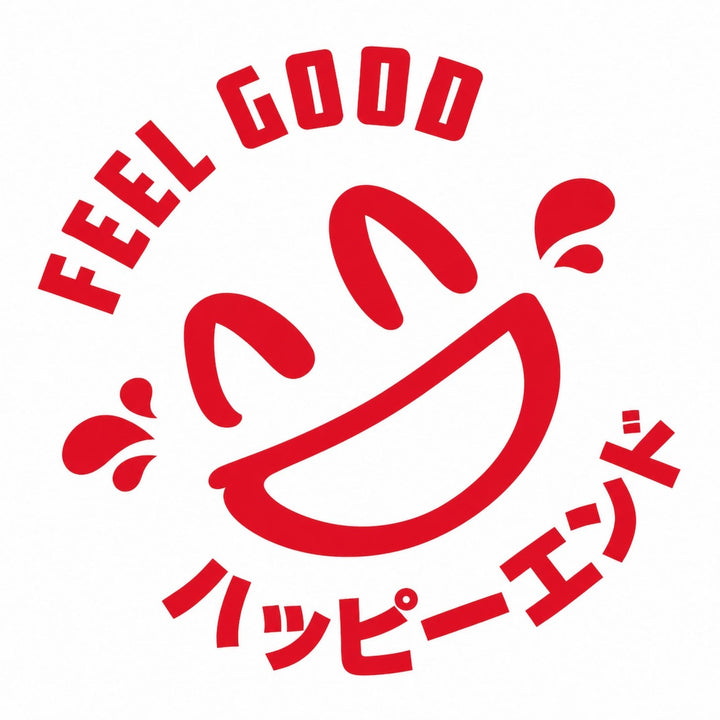 Red smiling face with FEEL GOOD and Japanese text above and below on white background.