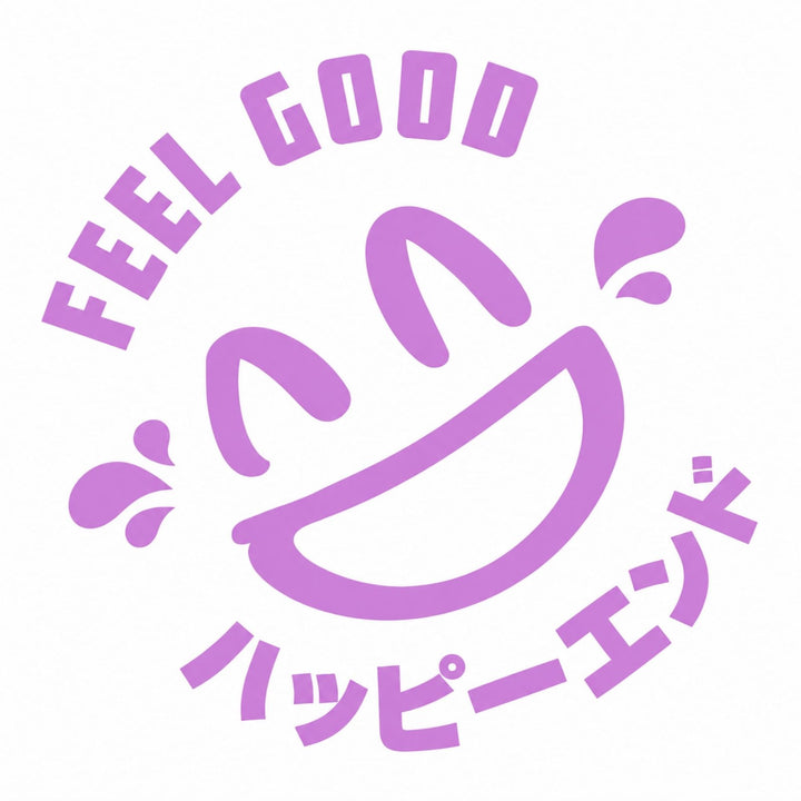 Purple smiling face with FEEL GOOD and Japanese text, ハッピーエンド, on white background.