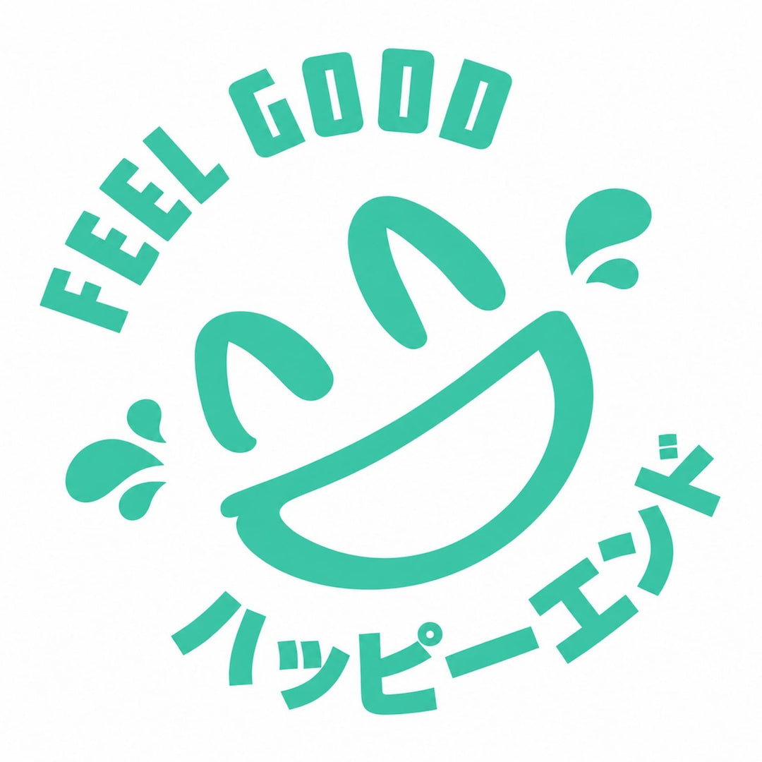Smiling face with FEEL GOOD and Japanese text, teal on white background.