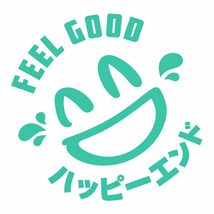 Smiling face with FEEL GOOD and Japanese text, teal on white background.