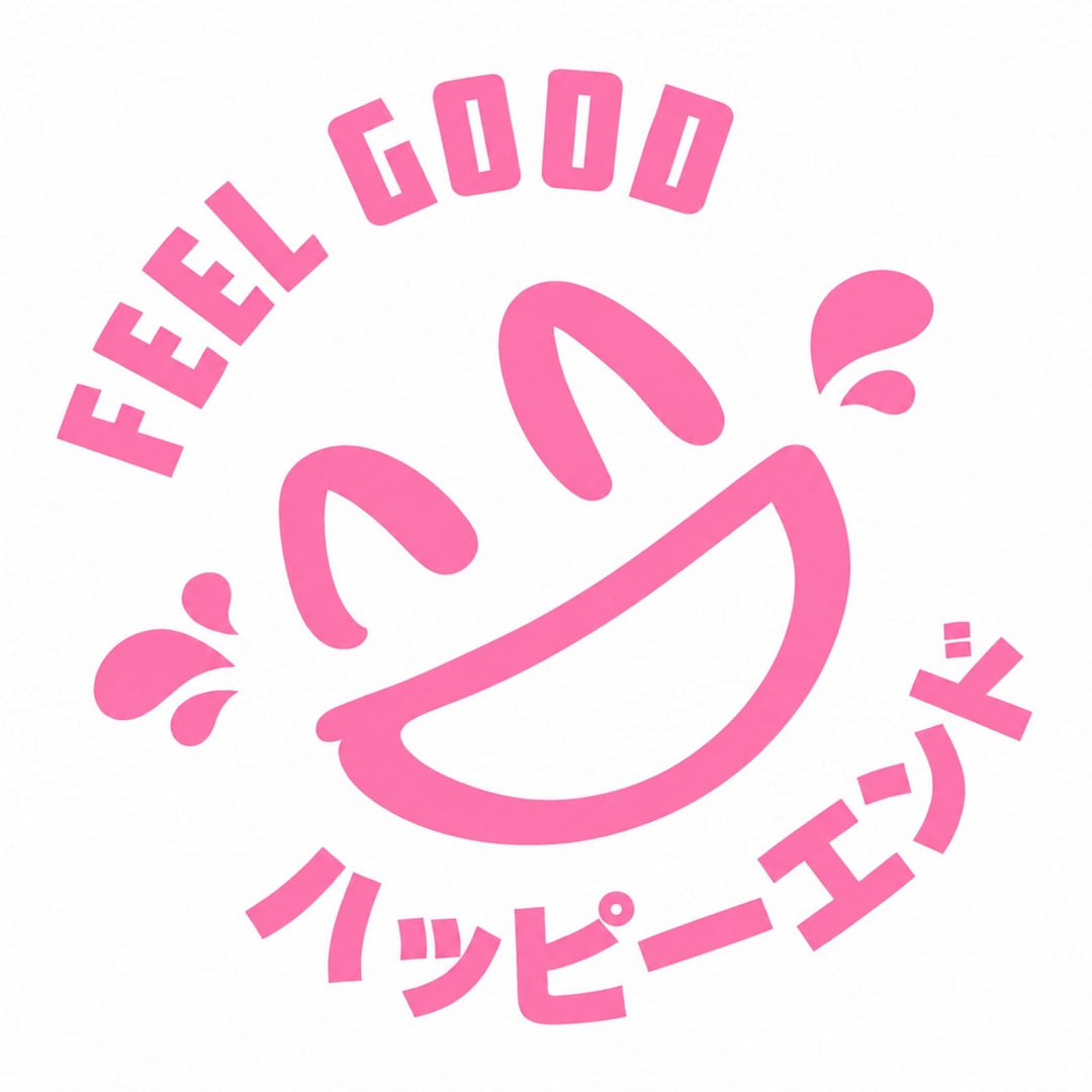 Pink smiley face with FEEL GOOD and Japanese text, both in bold pink font.