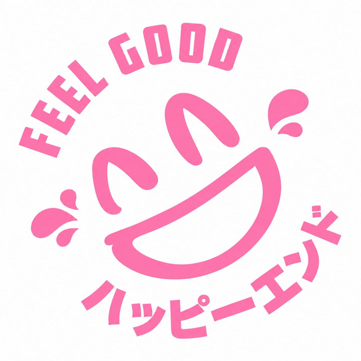Pink smiley face with FEEL GOOD and Japanese text, both in bold pink font.