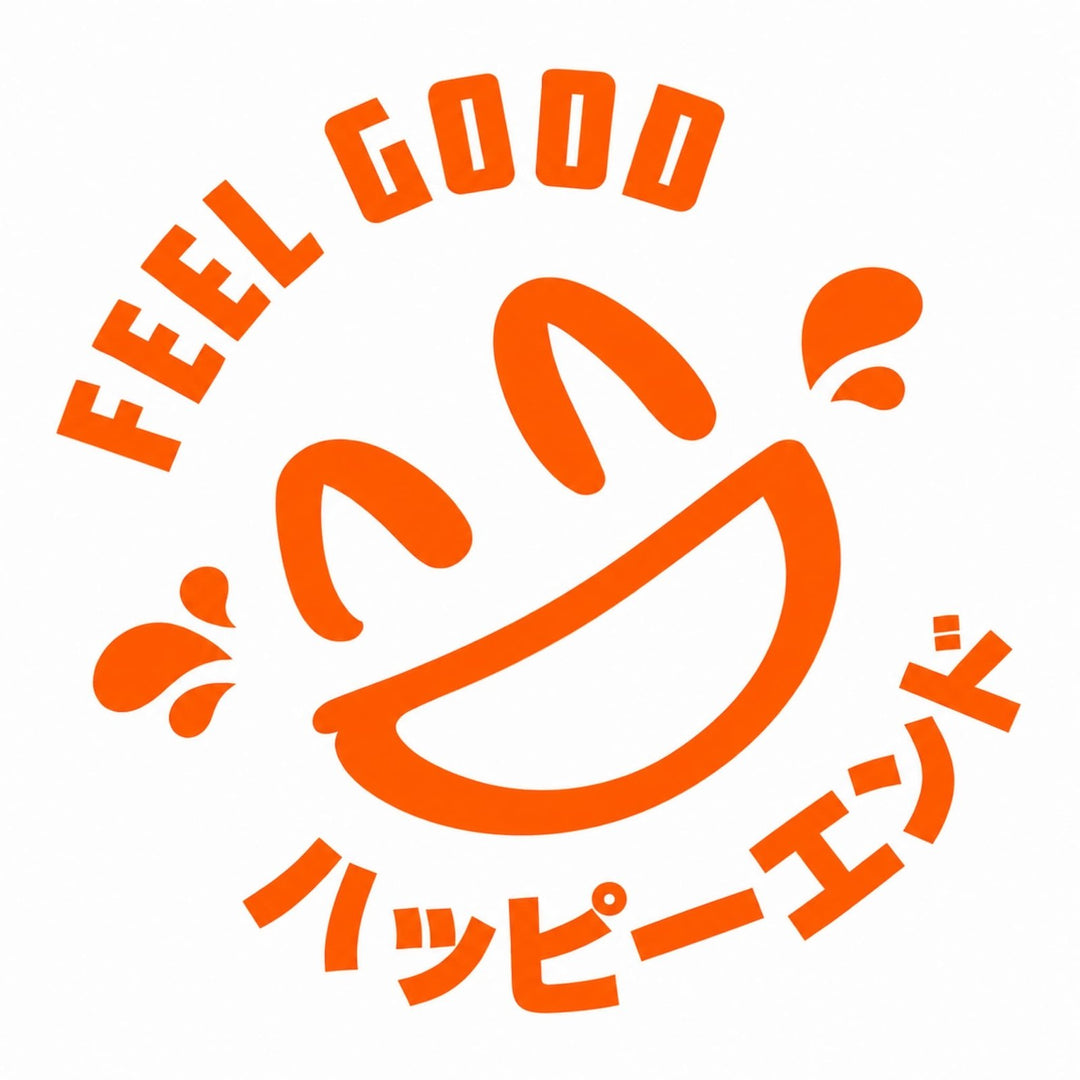 Orange smiley face with FEEL GOOD and Japanese text, ハッピーエンド (Happy End).