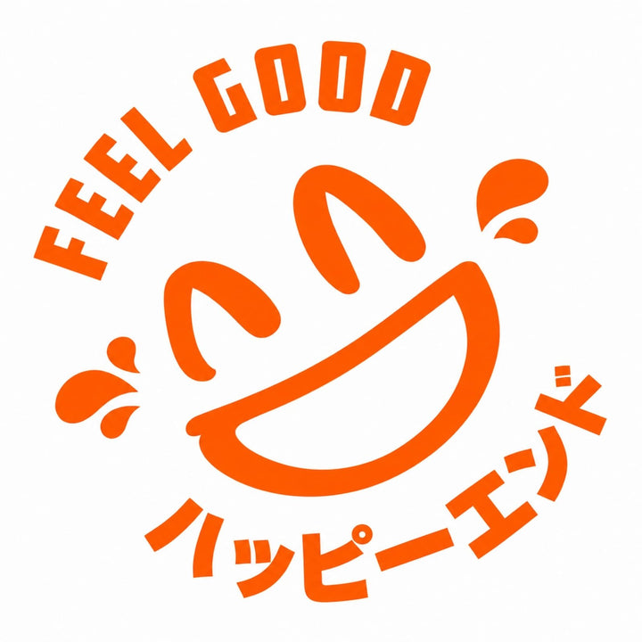 Orange smiley face with FEEL GOOD and Japanese text, ハッピーエンド (Happy End).