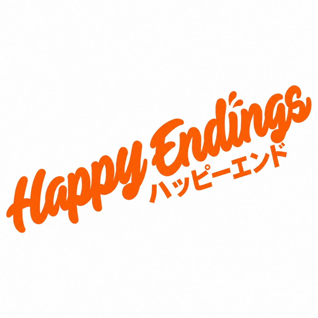 Happy Endings in orange script with Japanese text below on a white background.