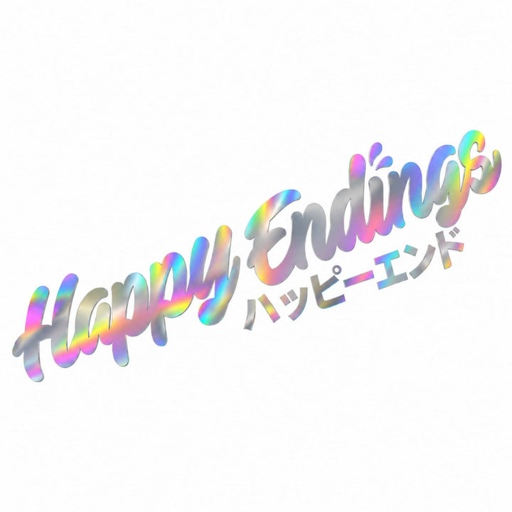 The words Happy Endings and its Japanese translation in iridescent text.