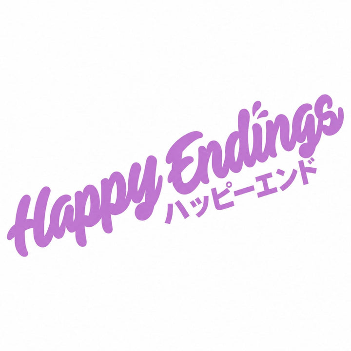 Purple text says Happy Endings with Japanese characters below on a white background.