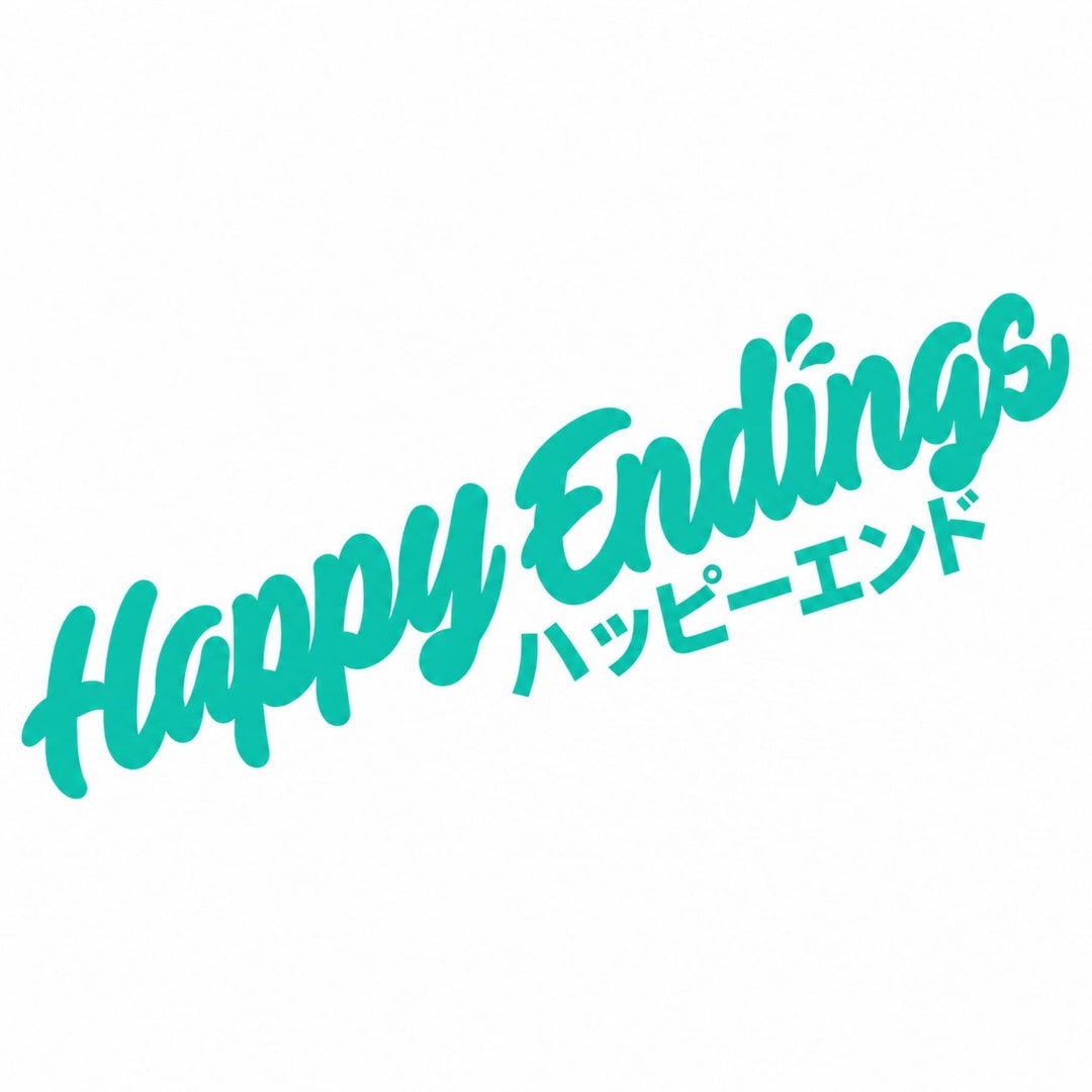 Happy Endings in teal script with Japanese text below on a white background.