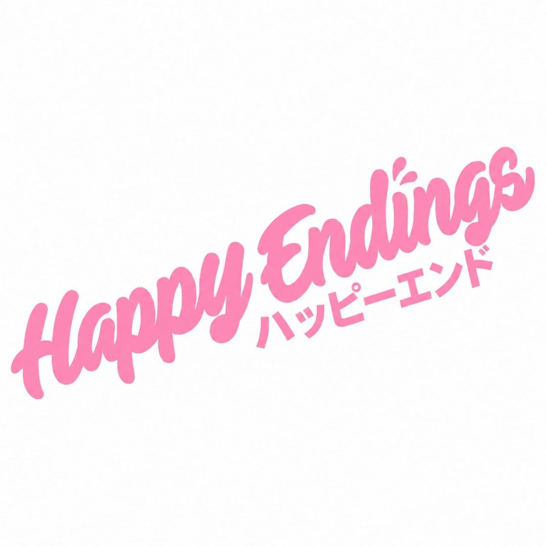 Pink text reads Happy Endings with Japanese characters below on a white background.