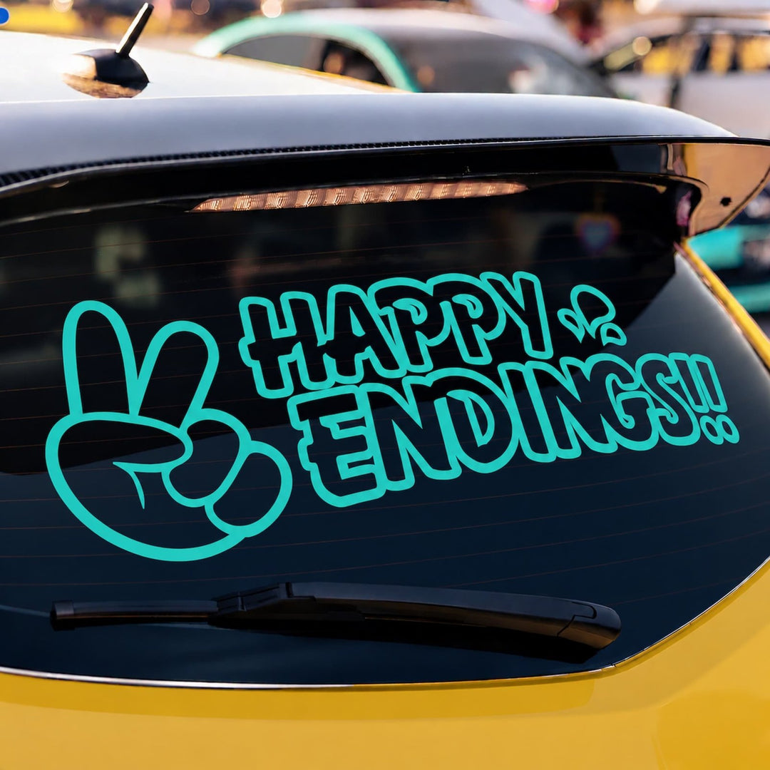 A teal decal on a car window depicting a peace sign and the text HAPPY ENDINGS!!.