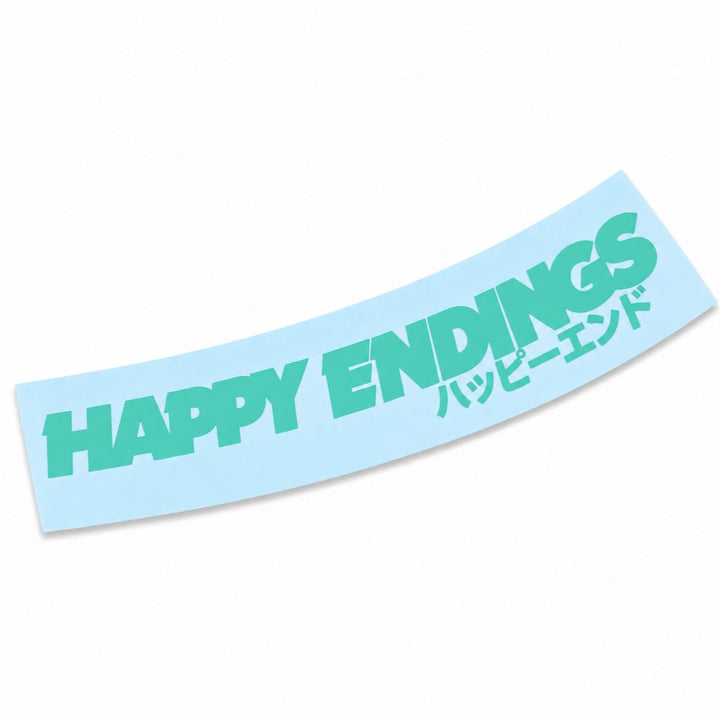 A light blue curved sticker reading HAPPY ENDINGS in English and Japanese.