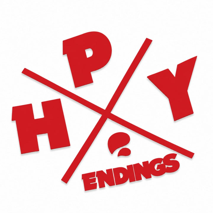 Red letters spell HPY ENDINGS with a question mark and two red lines crossing diagonally.
