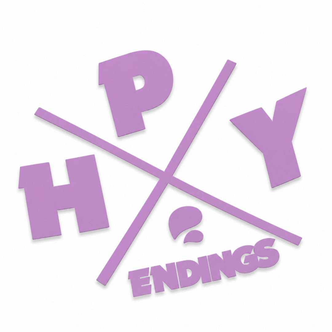 Purple letters spell HAPPY ENDINGS with a missing A and a question mark in its place.