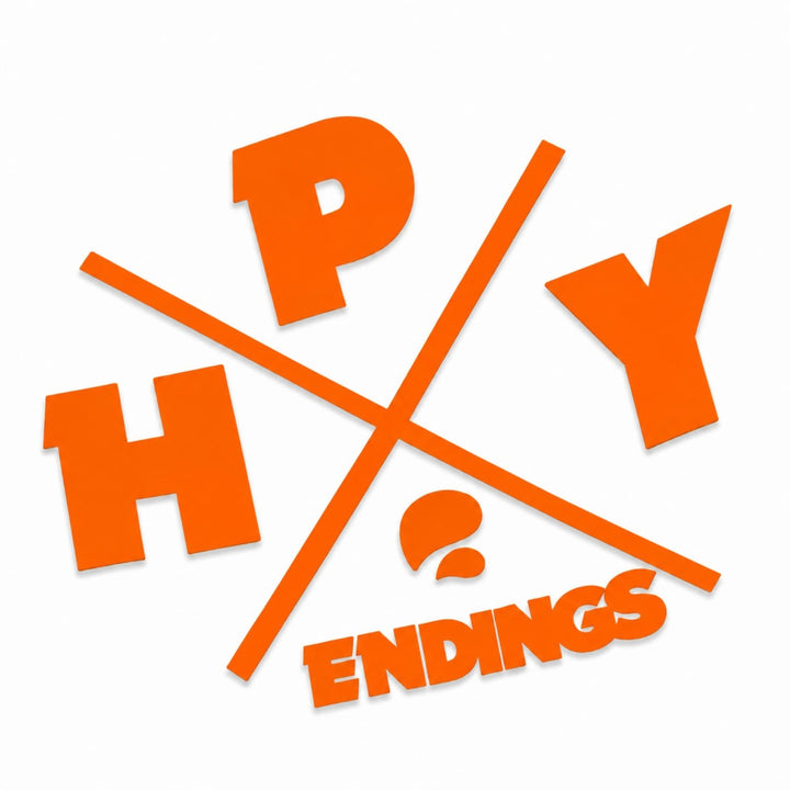 Orange HPY ENDINGS with lines crossing, missing A in HAPPY, on white background.