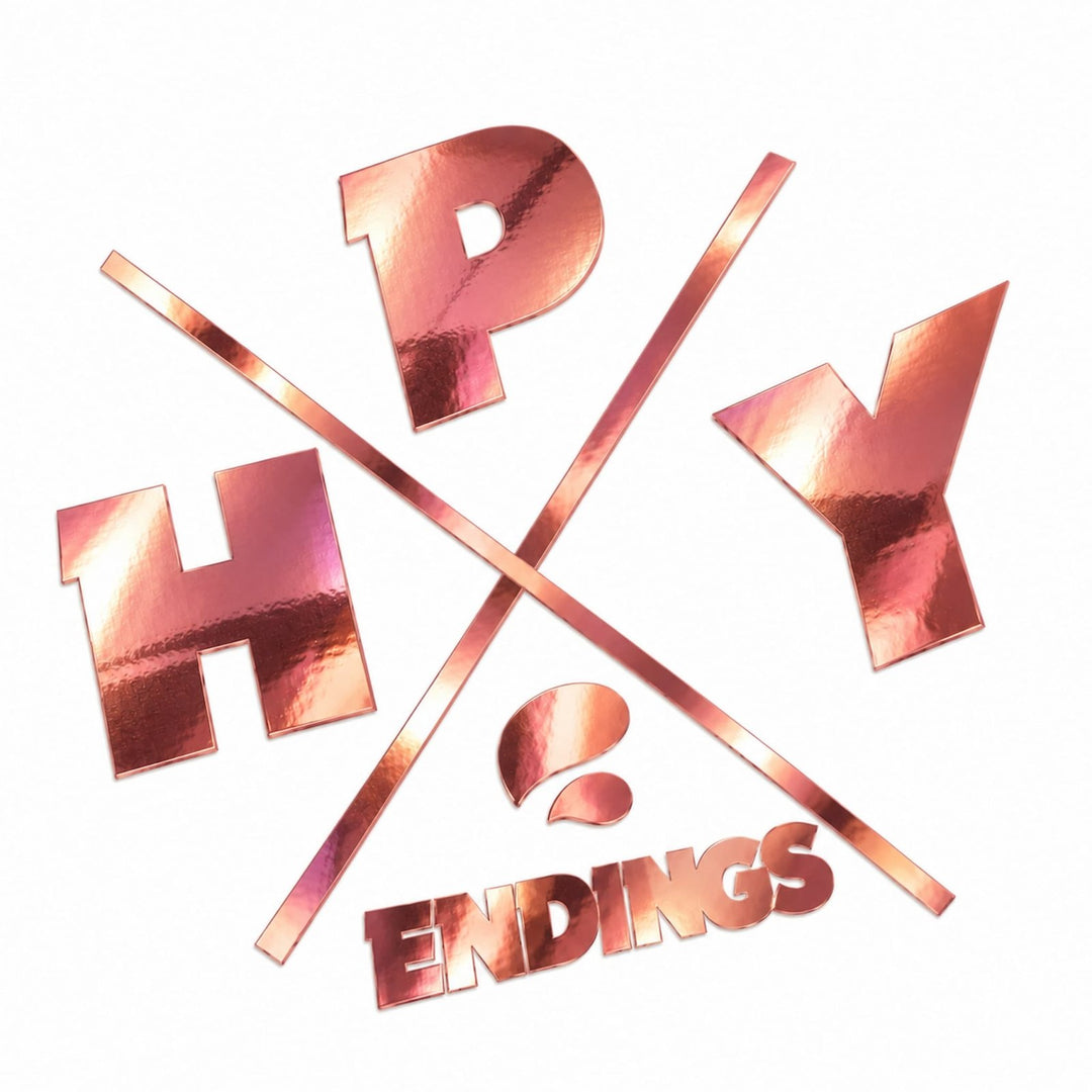 Metallic rose-gold logo that reads HPY ENDINGS with crossed lines.
