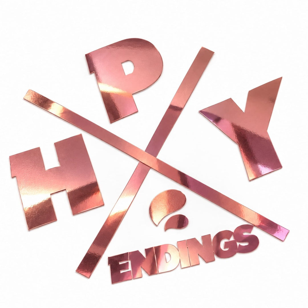 Metallic pink text reading HPY ENDINGS arranged in a cross pattern.