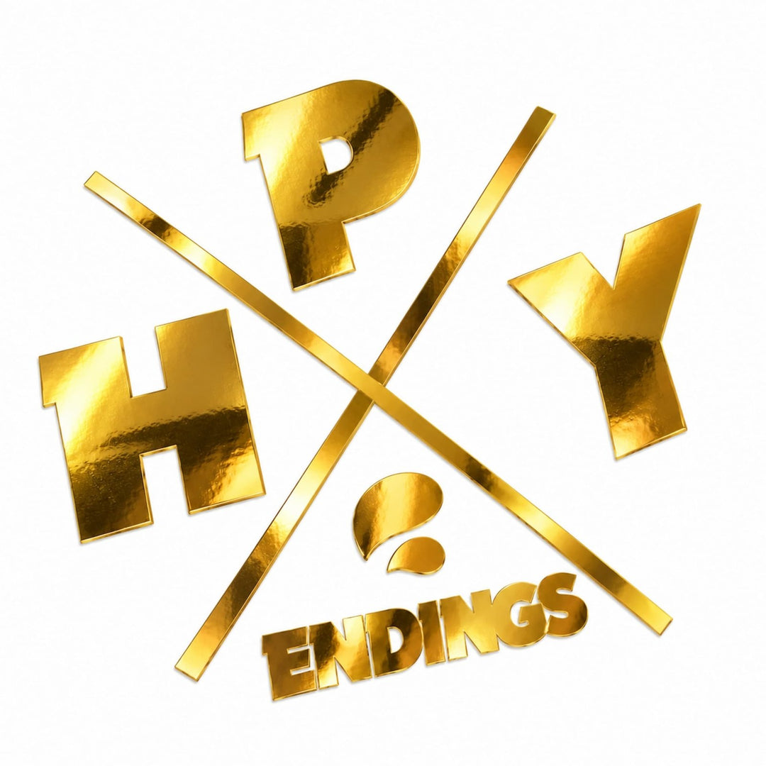 Gold letters spelling HPY arranged behind two crossed lines, above the word ENDINGS.