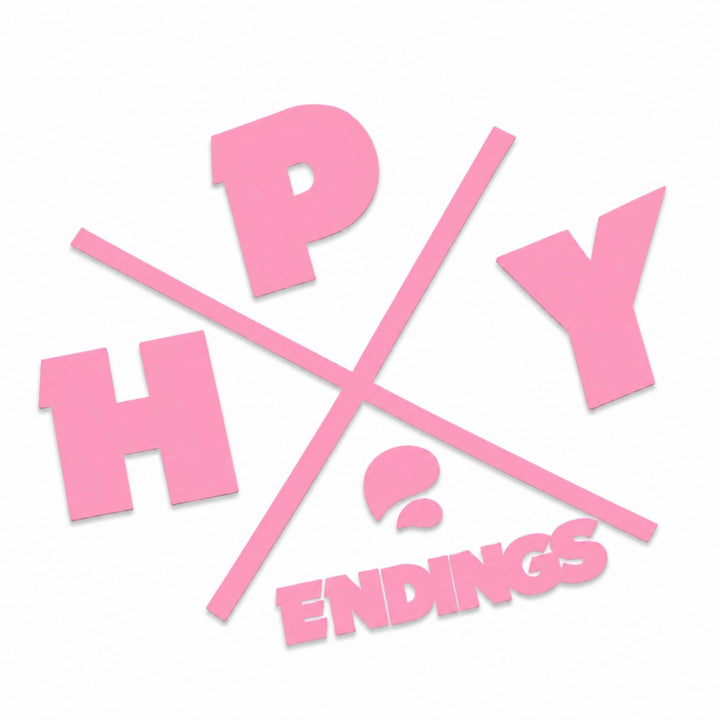Pink letters spell HPY ENDINGS with a question mark, crossed by two pink diagonal lines.