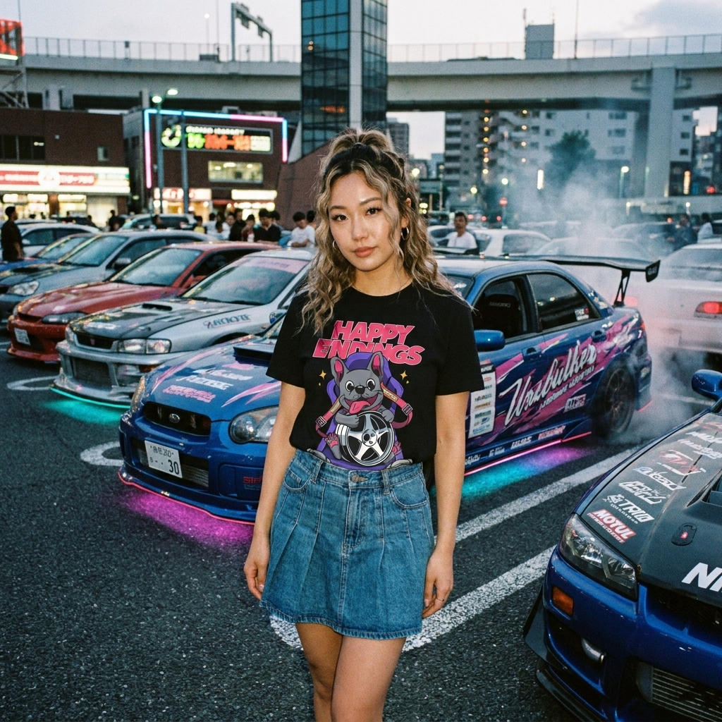 Woman standing in front of colorful cars on a street with urban background