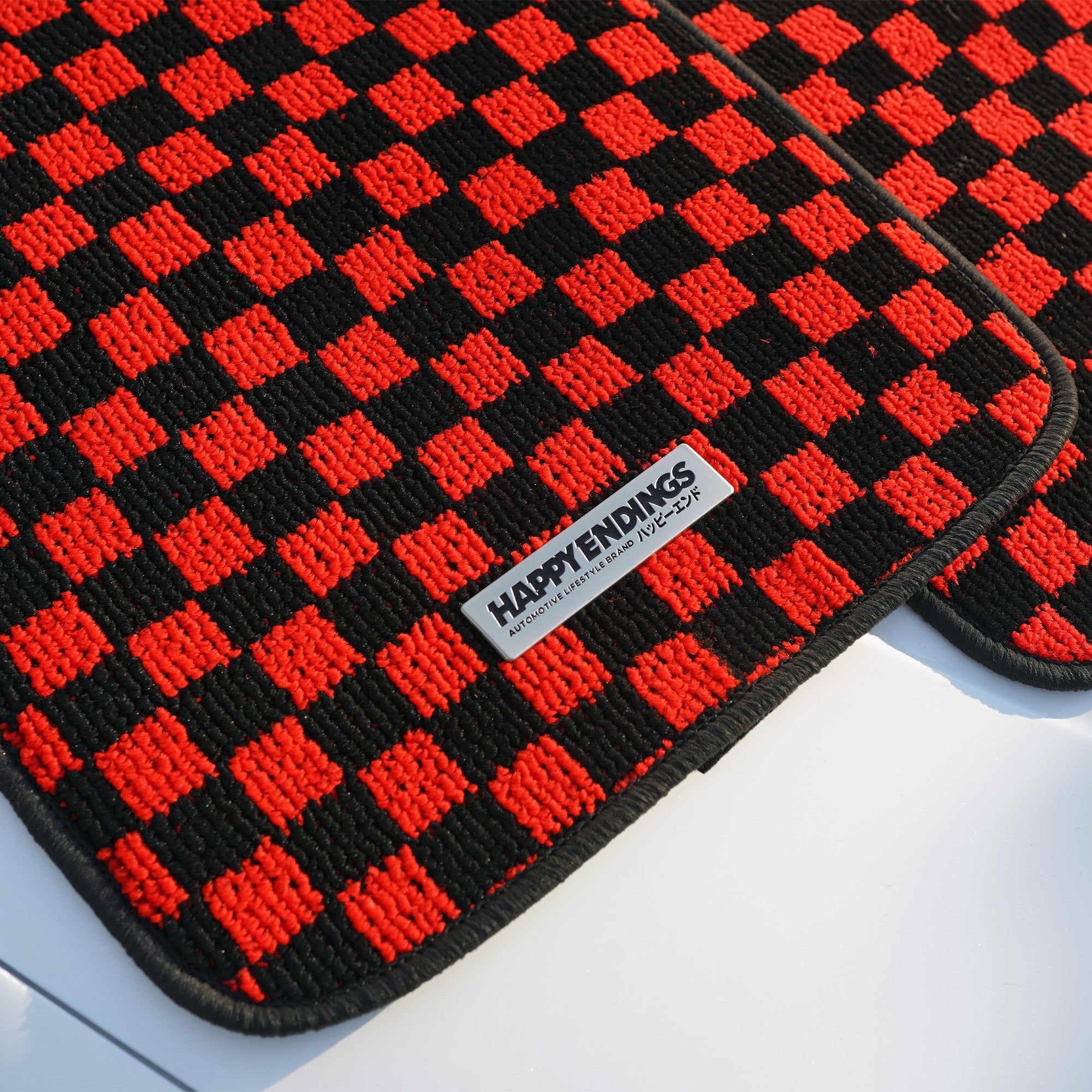 Red Checkerboard Car Floor Mats – Front | Happy Endings