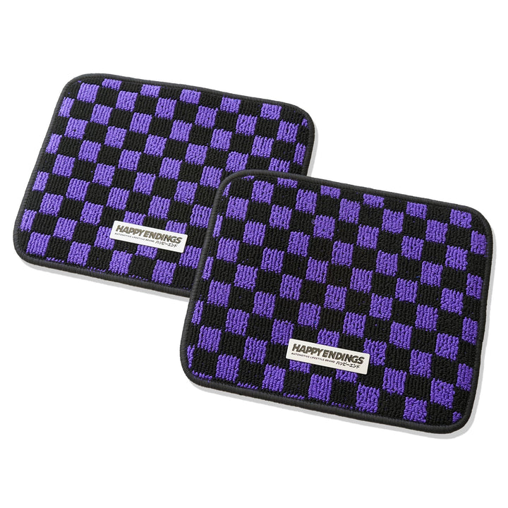 Two rectangular purple and black checkered cloths with black edges and a HAPPYENDINGS label in the center.