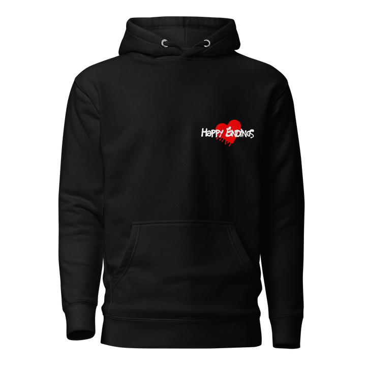 Black hoodie with 'Happy Endings' graphic on a white background