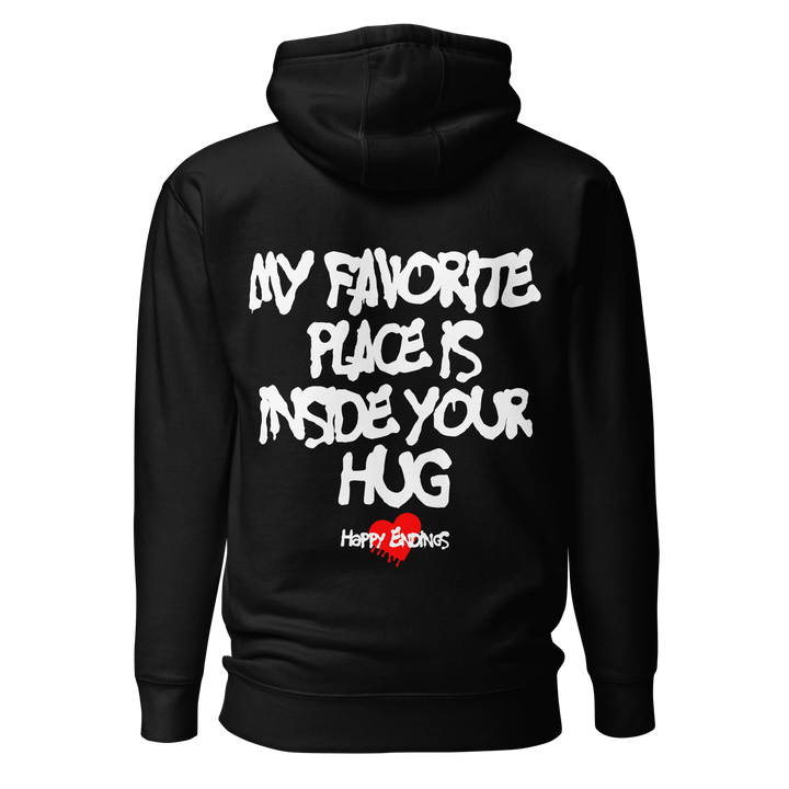 Black hoodie with white text and a red heart on the back