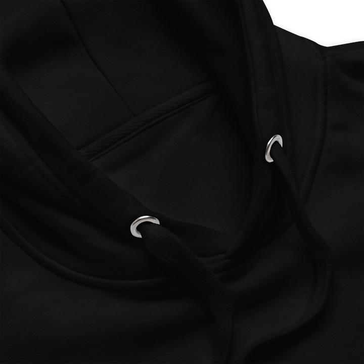Close-up of a black hoodie with a brand logo on a transparent background
