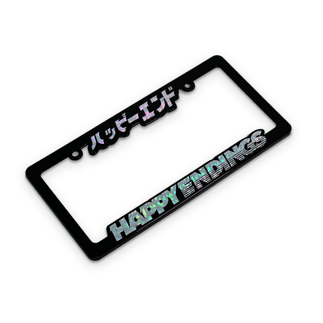 Black license plate frame with 'HAPPY ENDINGS' text and Japanese characters o...