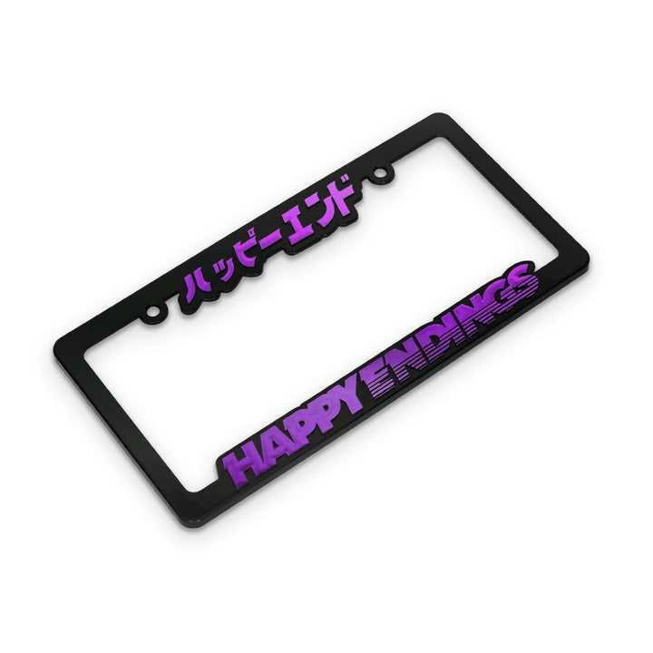 Black license plate frame with purple text reading HAPPY ENDINGS and Japanese katakana on the top.