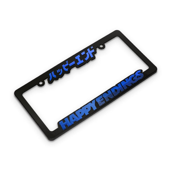 Black license plate frame with blue text reading HAPPY ENDINGS and Japanese characters along the top edge.