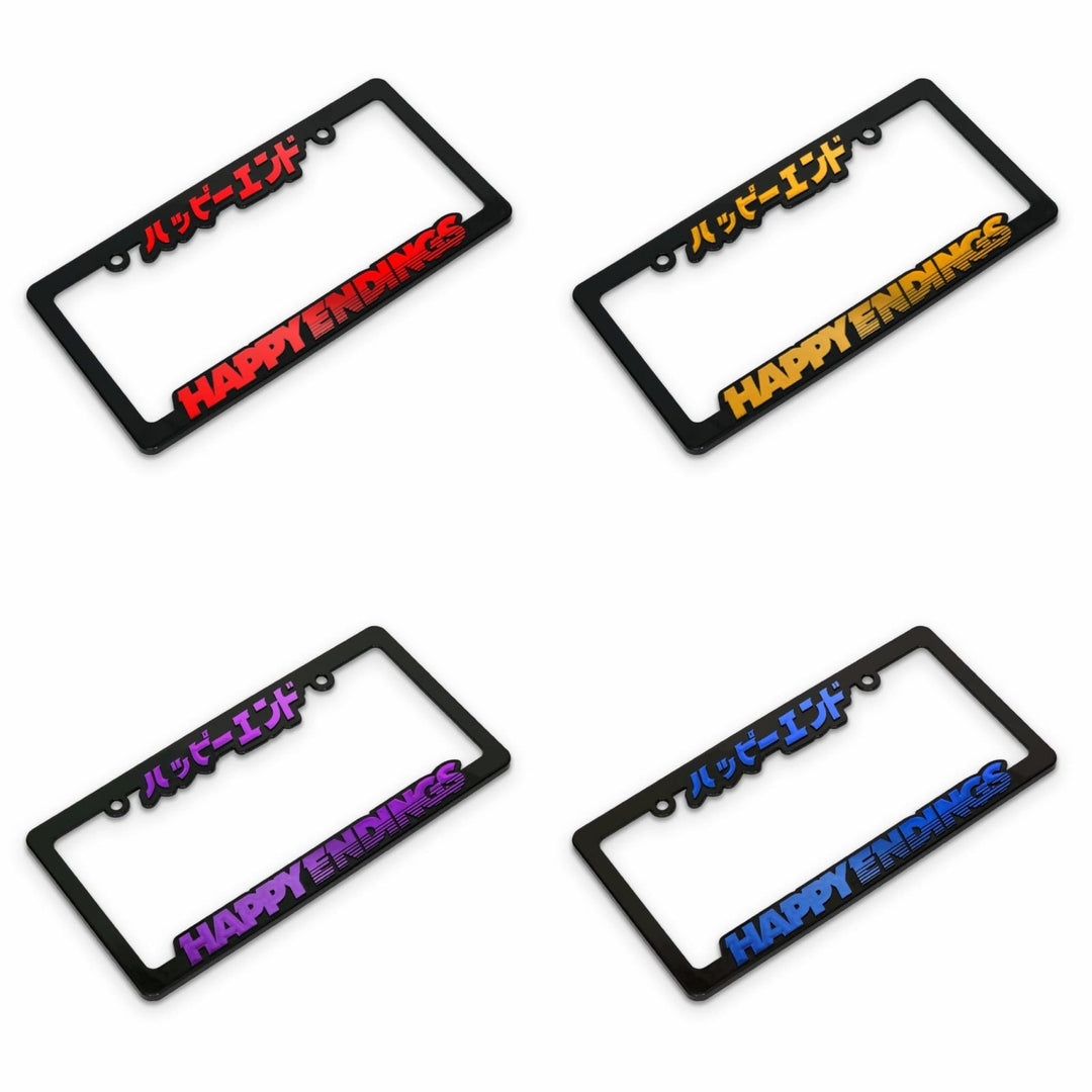 Four black license plate frames with HAPPY ENDINGS in red, orange, purple, an...