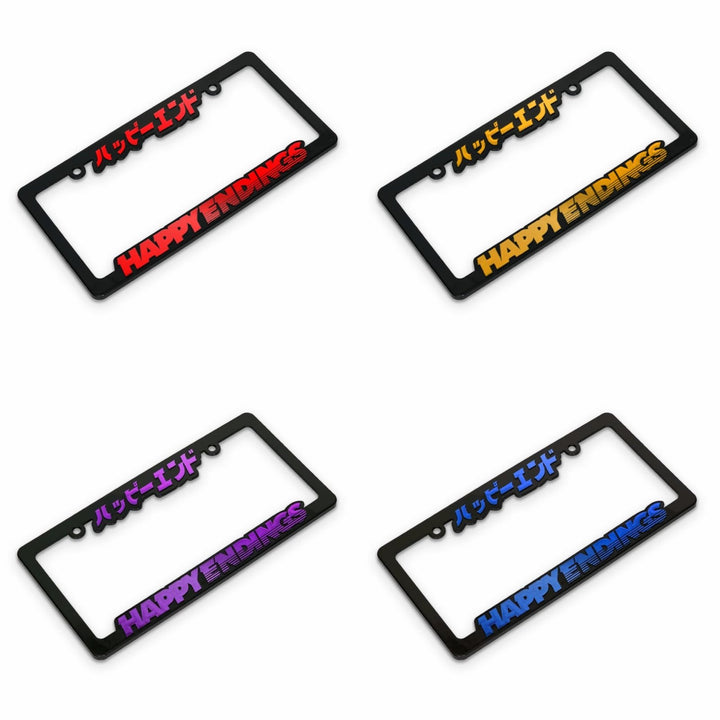 Four black license plate frames with HAPPY ENDINGS in red, orange, purple, and blue text and Japanese script.
