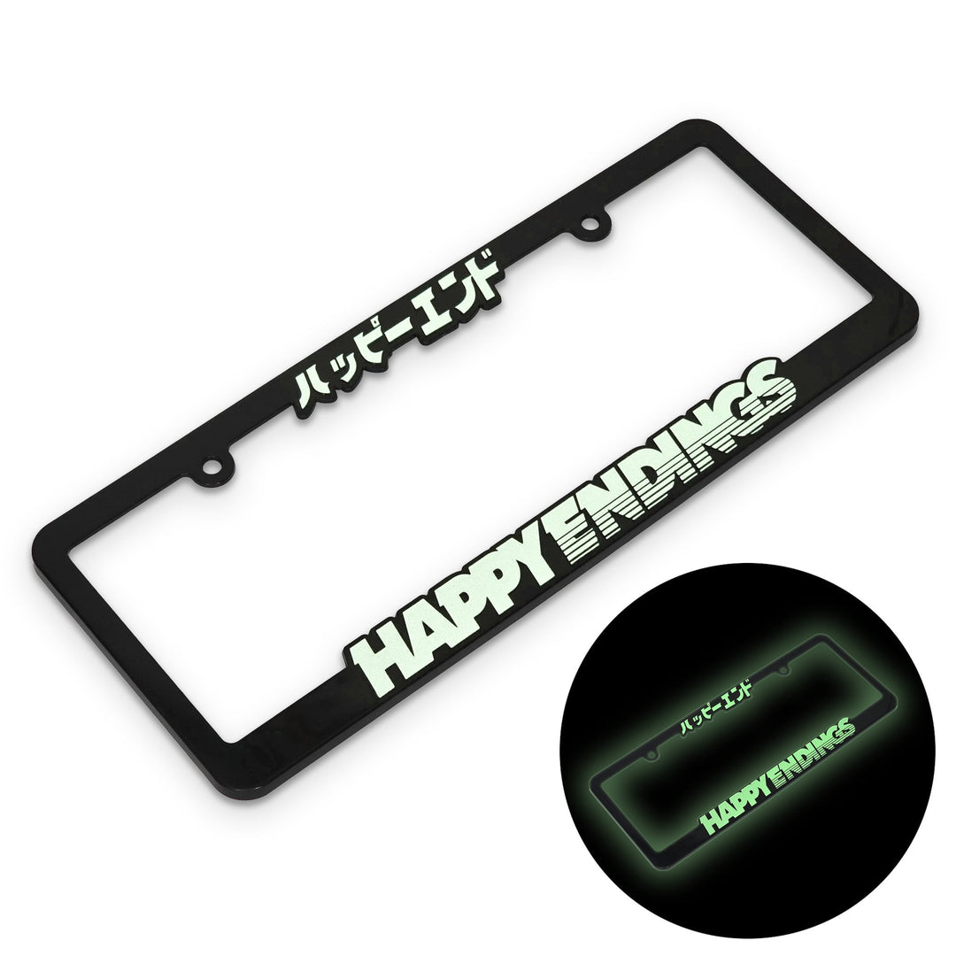 Black license plate frame with 'HAPPY ENDINGS' text, including a close-up of ...